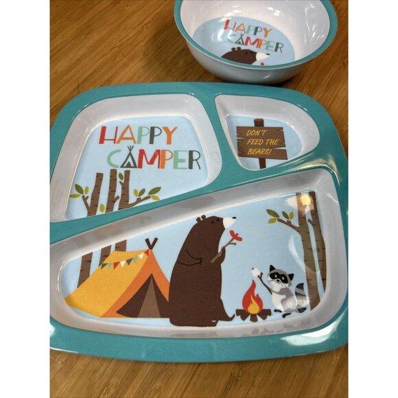 3 Piece Bass pro shop happy camper child’s Divided Plate Bowl And Cup Set - Picture 6 of 7